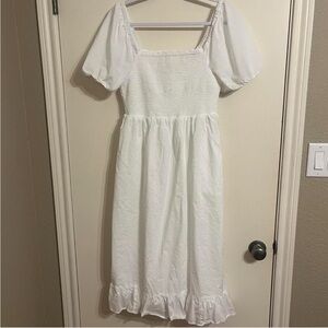 J Crew White Smocked Puff Sleeve Midi Dress- size M